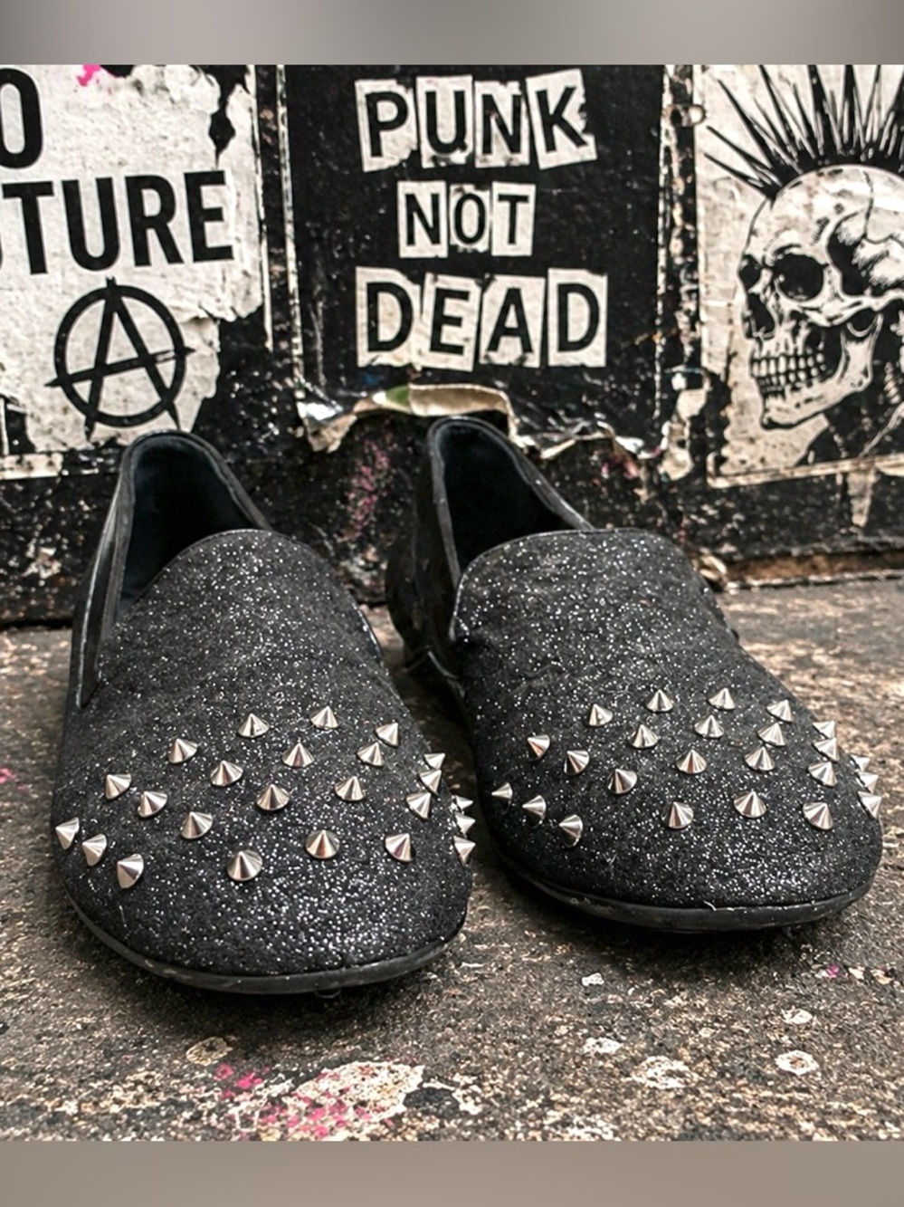 Schutz Spiked Toe Slip On Glitter Loafers Women’s